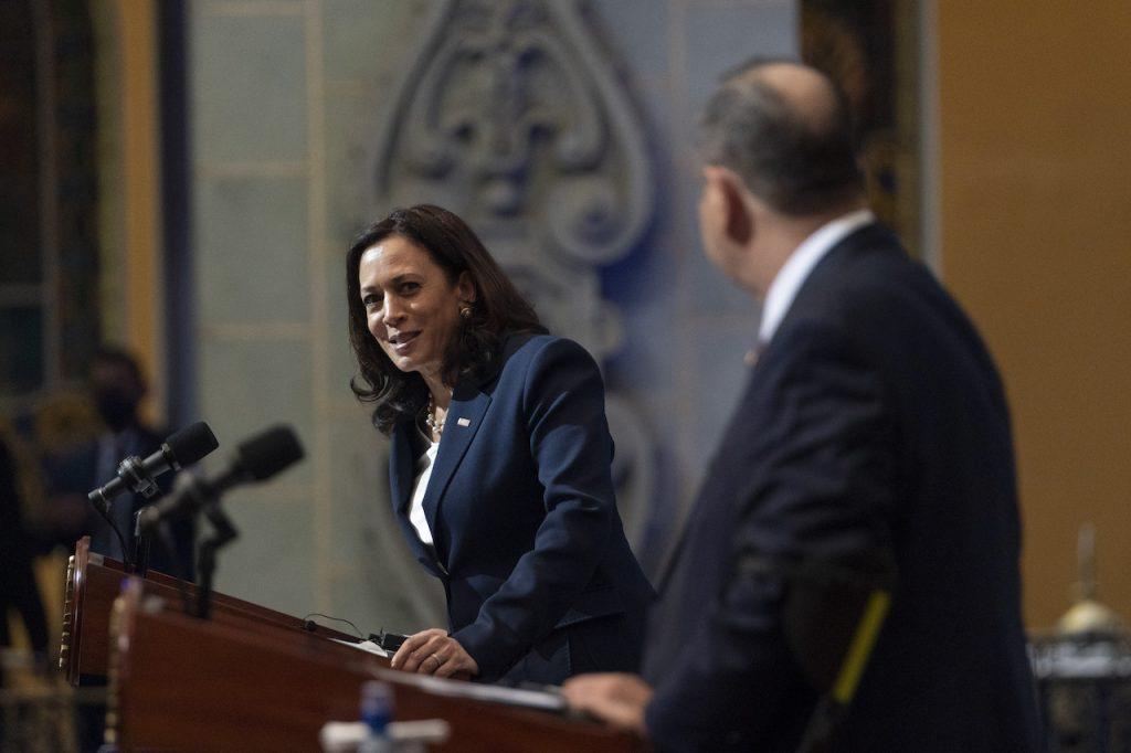 US Vice-President Kamala Harris (left) looks toward Guatemalan President Alejandro Giammattei during a news conference at the National Palace in Guatemala City on June 7. Photo: AP