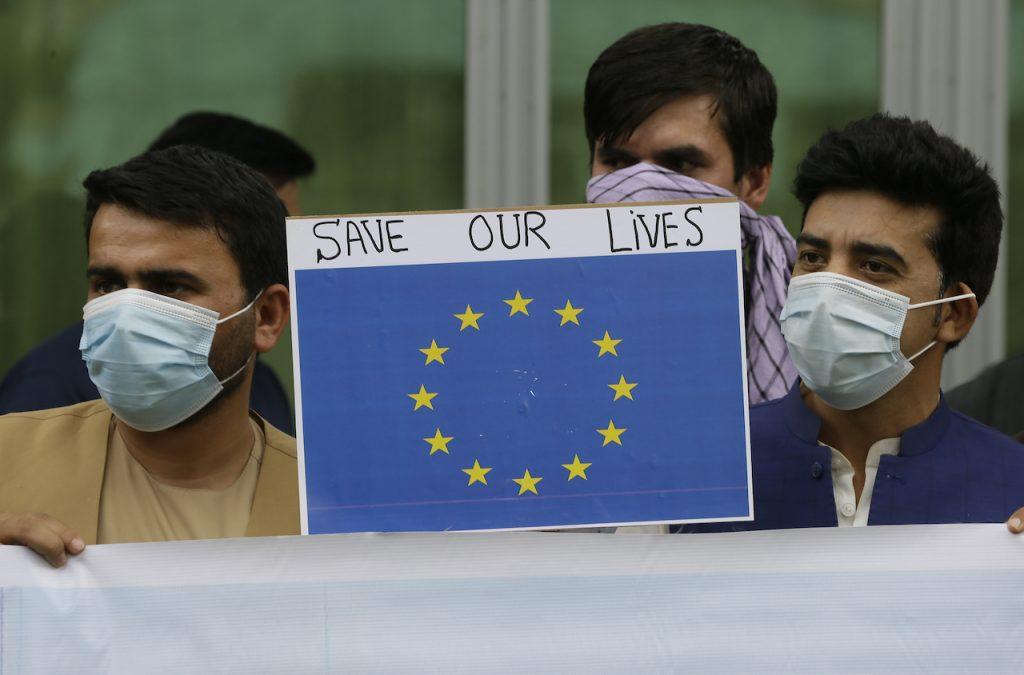 Former Afghan interpreters hold placards during a protest against the US government and Nato in Kabul, Afghanistan, April 30. Photo: AP
