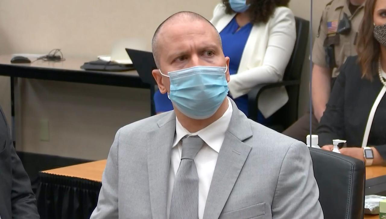 In this image taken from video, former Minneapolis police officer Derek Chauvin listens as Hennepin county judge Peter Cahill sentences him to 22 and a half years in prison, June 25, for the May 25, 2020, death of George Floyd at the Hennepin County Courthouse in Minneapolis. Photo: AP