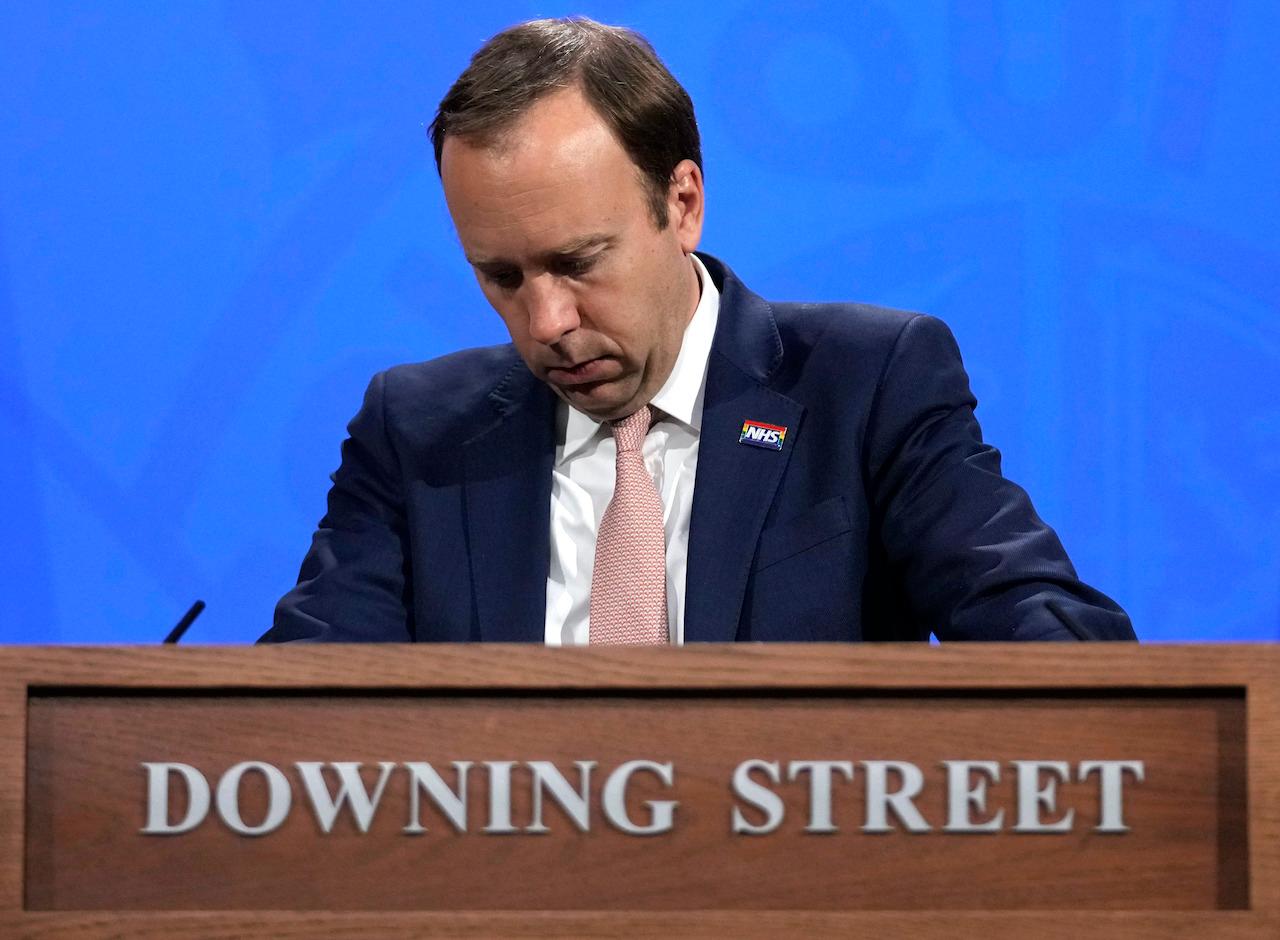 In this file photo dated May 27, Britain's Health Secretary Matt Hancock speaks during a coronavirus media briefing from Downing Street in London. Hancock resigned as health secretary in a letter to Prime Minister Boris Johnson, released June 26. Photo: AP