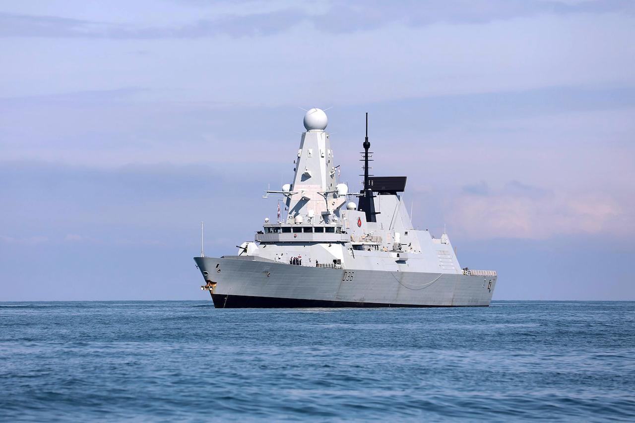 In this June 26 file photo, British destroyer HMS Defender arrives at the port of Batumi, Georgia. Sensitive defence documents containing details about the British military have reportedly been found at a bus stop in England. Photo: AP