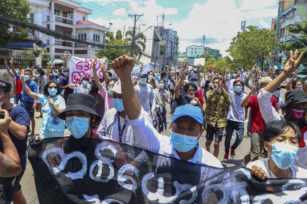 Anti-coup protesters march during a demonstration in Yangon, Myanmar, on May 12. Photo: AP