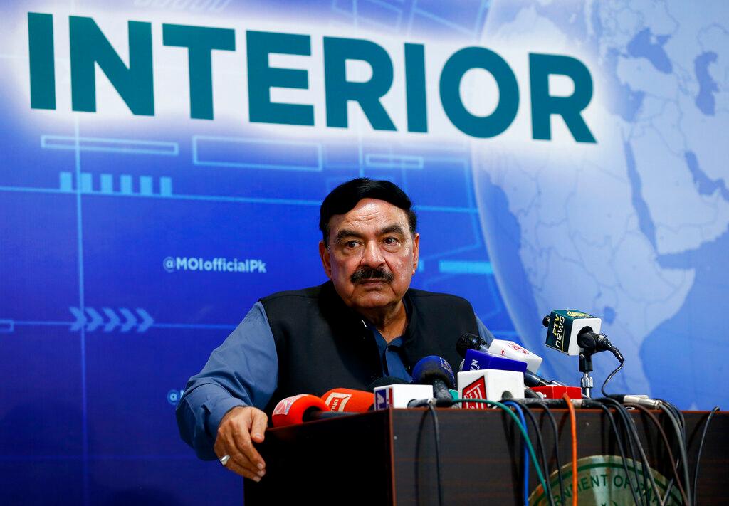 Pakistan's Interior Minister Sheikh Rashid Ahmad gives a press conference regarding the abduction of the daughter of Afghan ambassador to Pakistan, in Islamabad, Pakistan, July 18. Photo: AP