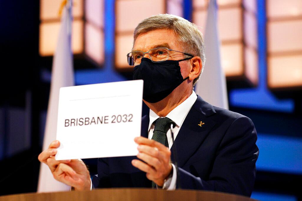 President of the International Olympic Committee Thomas Bach announces Brisbane as the 2032 Summer Olympics host city during the 138th IOC Session at Hotel Okura in Tokyo, July 21. Photo: AP