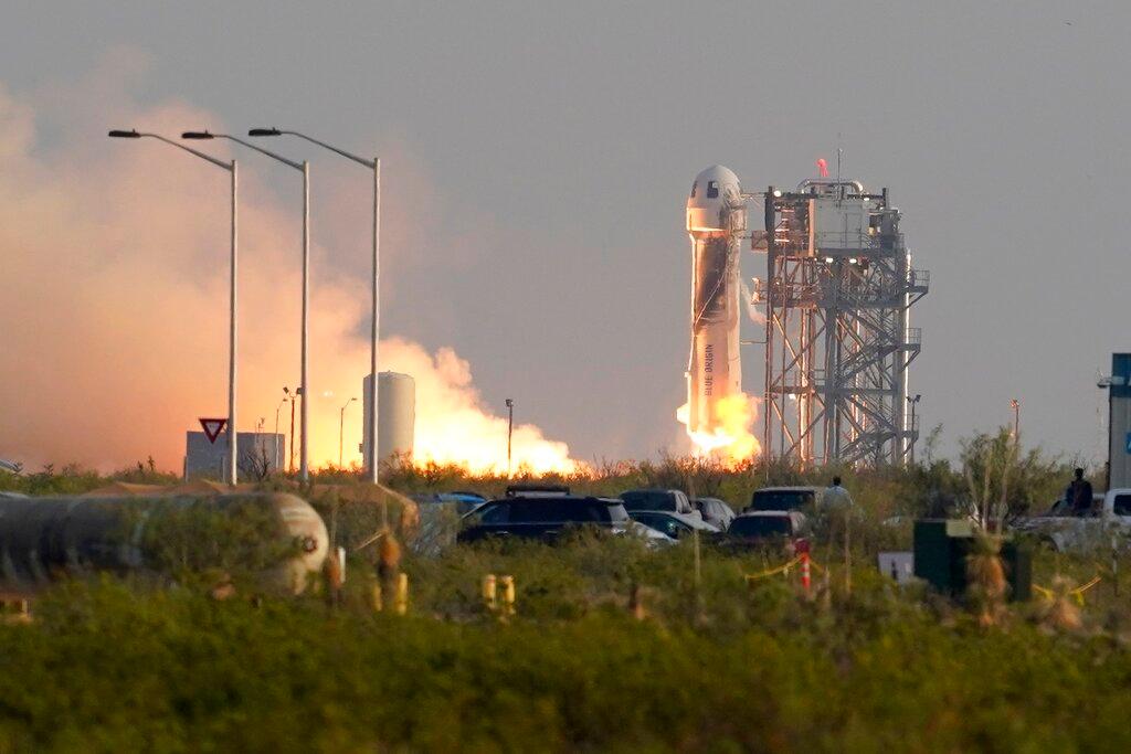 Blue Origin's New Shepard rocket launches from its spaceport near Van Horn, Texas, July 20. Photo: AP