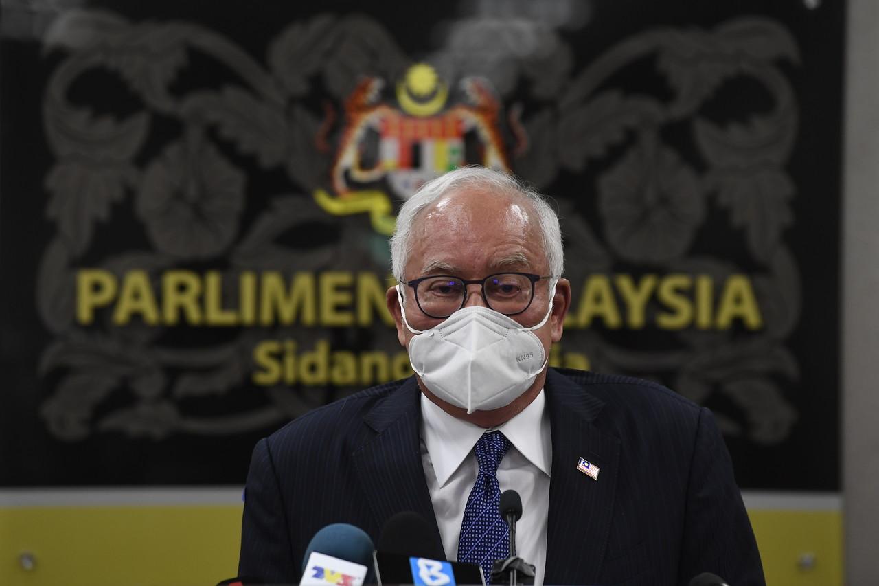 Former prime minister Najib Razak speaks at a press conference in Parliament today. Photo: Bernama