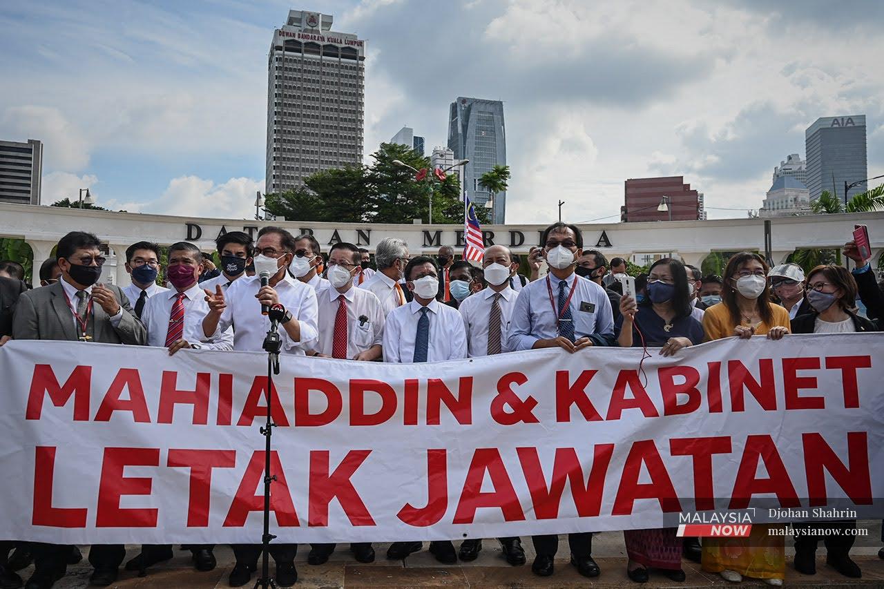 Opposition MPs led by PKR chief Anwar Ibrahim during a protest at Dataran Merdeka in the capital city today.