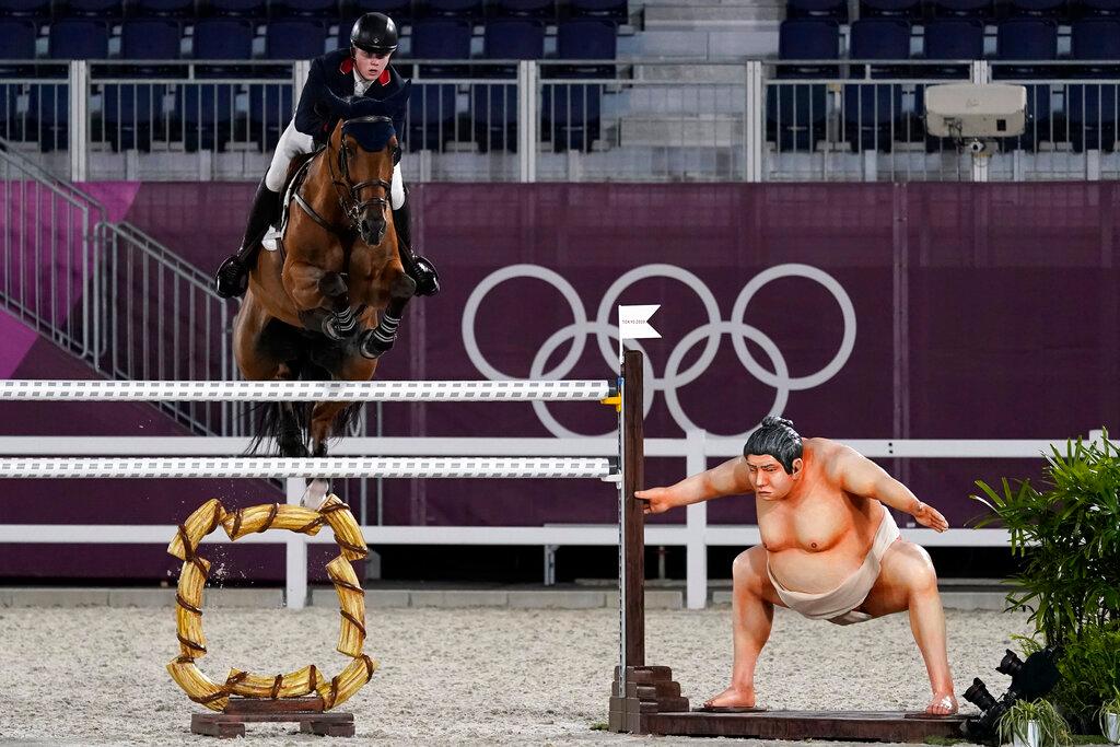 Britain's Harry Charles, riding Romeo 88, competes during the equestrian jumping individual qualifying at Equestrian Park in Tokyo at the 2020 Summer Olympics, Aug 3, in Tokyo, Japan. Photo: AP