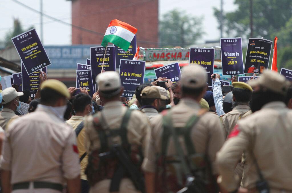 Members of the National Students' Union of India shout slogans during a protest marking the second anniversary of the Indian government scrapping Kashmir’s semi-autonomy in Jammu, India, Aug 5. Photo: AP