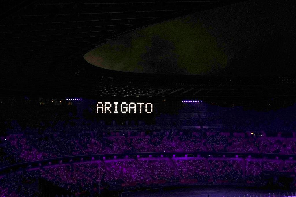 'Arigato' is displayed at the end of the closing ceremony in the Olympic Stadium at the 2020 Summer Olympics, in Tokyo, Aug 8. Photo: AP