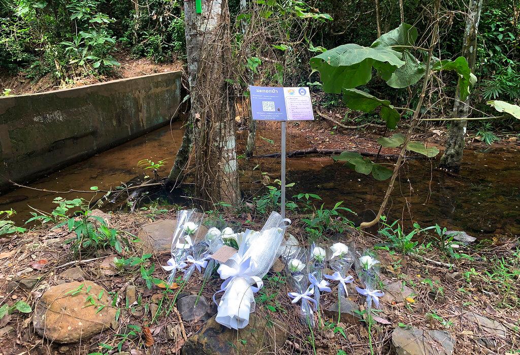 Flowers are placed below a sign marking indigenous species of trees at the scene where a woman was found dead at a secluded spot on the southern island of Phuket, Thailand, on Aug 6. Photo: AP