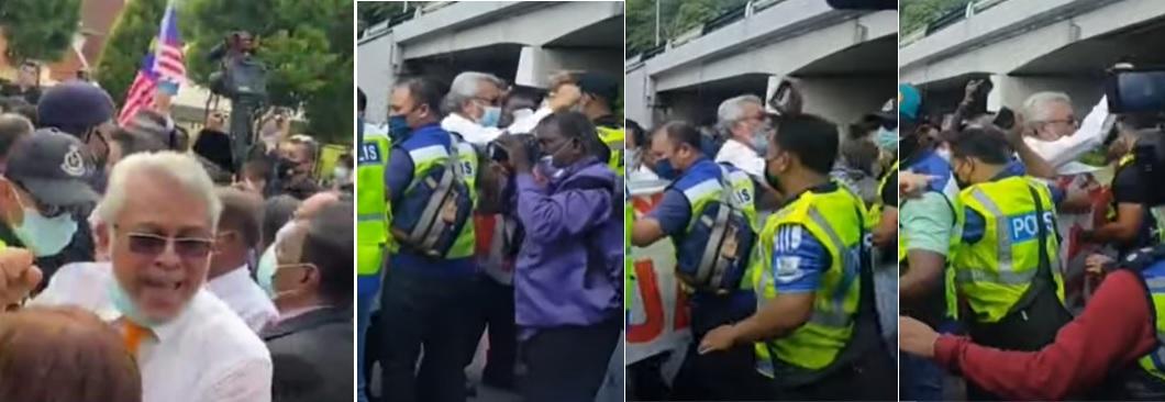 Shah Alam MP Khalid Samad speaks to individuals around him without a mask (left), while screen grabs from a video of the Aug 2 protest show the moment he removed his mask.