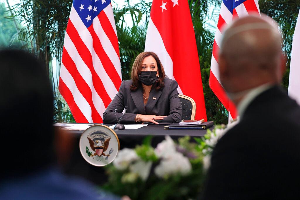 US Vice-President Kamala Harris (centre) attends a roundtable at Gardens by the Bay in Singapore before departing for Vietnam on the second leg of her Southeast Asia trip, Aug 24. Photo: AP