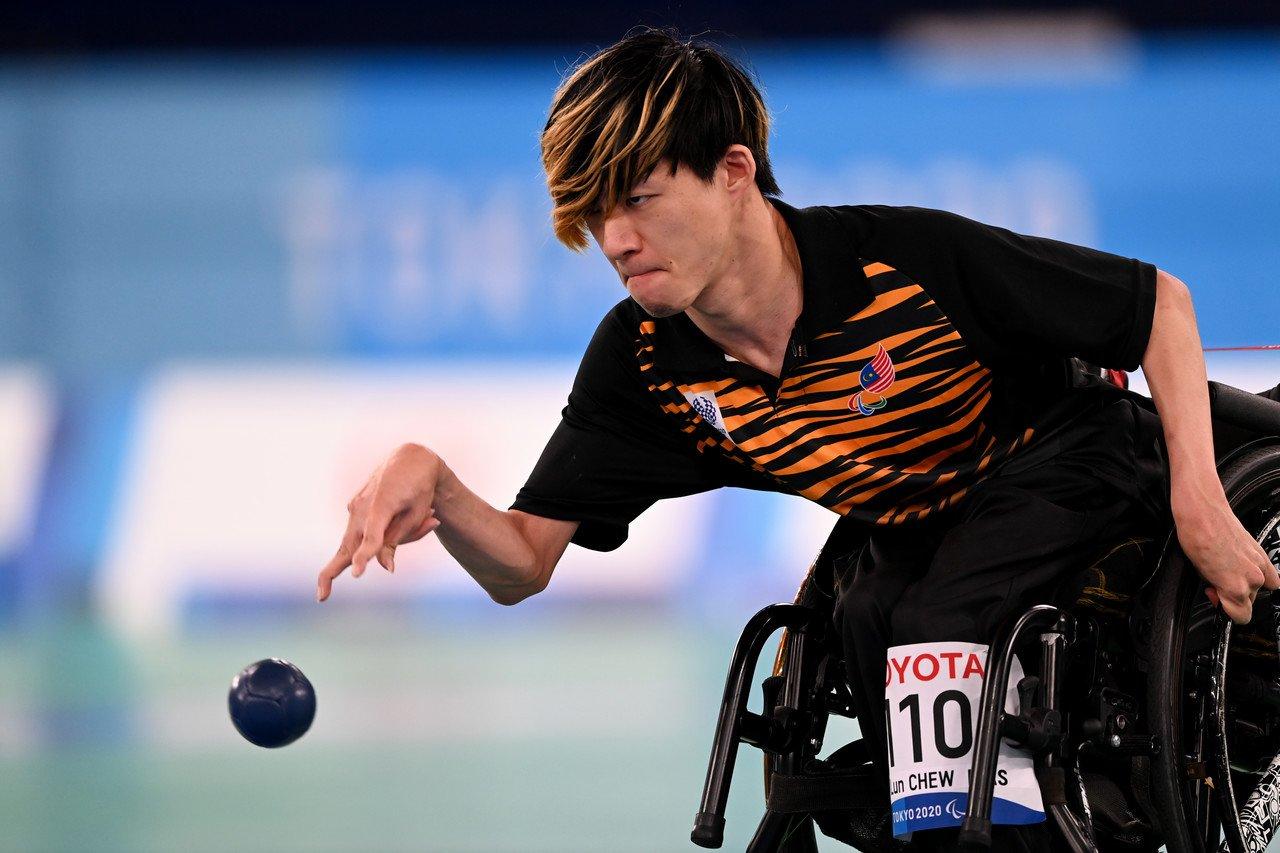 National boccia athlete Chew Wei Lun competes against Great Britain's David Smith in the mixed individual category final at the Tokyo 2020 Paralympic Games at Ariake Gymnastics Center today. Photo: Bernama
