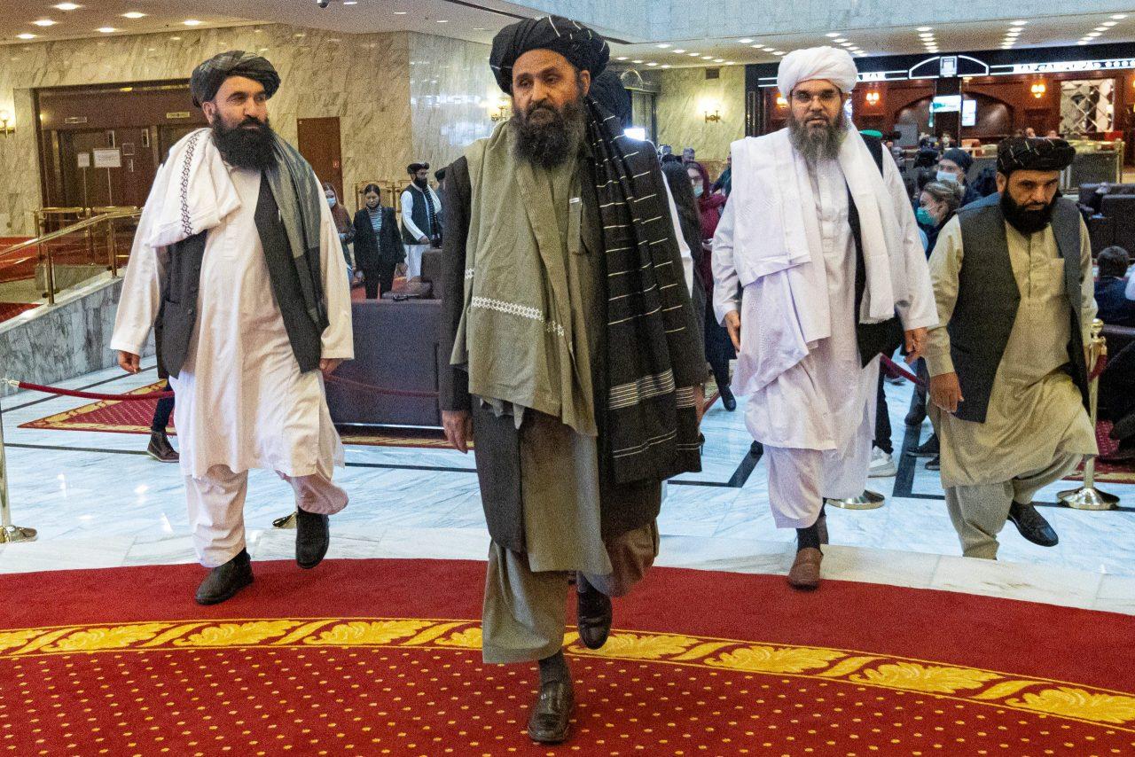 Mullah Baradar, the Taliban's deputy leader and negotiator, and other delegation members attend the Afghan peace conference in Moscow, Russia, in this March 18 file photo. Photo: Reuters