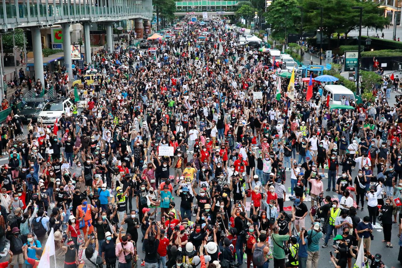 People protest over the Thai government's handling of the Covid-19 pandemic and to demand Prime Minister Prayuth Chan-ocha's resignation, in Bangkok, Thailand, Sept 3. Photo: Reuters