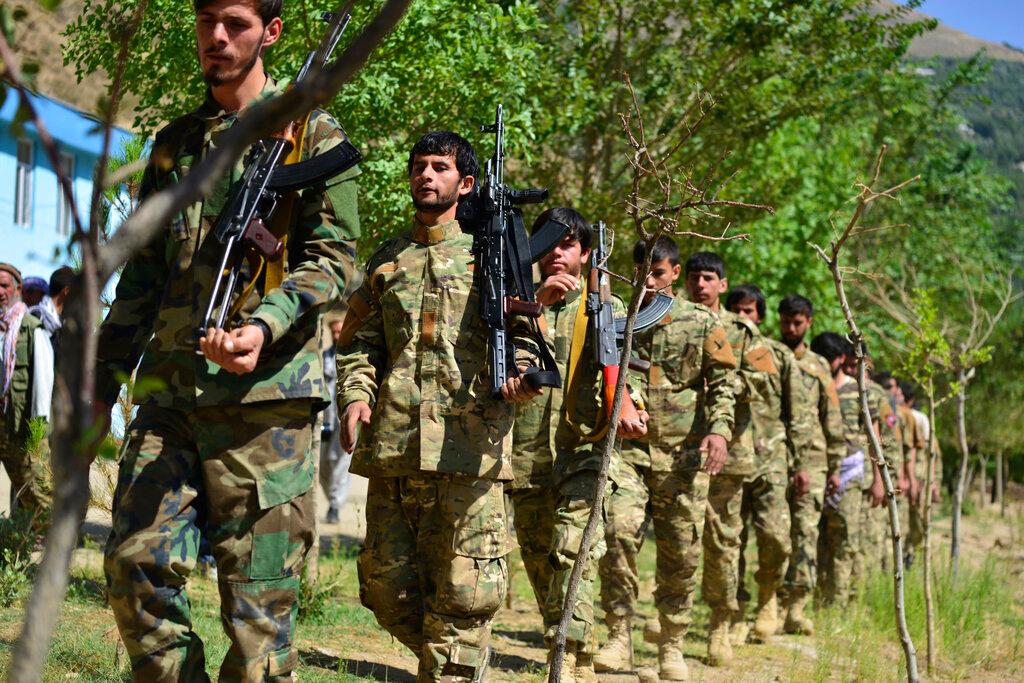 Militiamen loyal to Ahmad Massoud, son of the late Ahmad Shah Massoud, take part in a training exercise, in Panjshir province, northeastern Afghanistan, Aug 29. Photo: AP