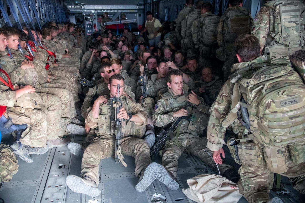 UK military personnel are seen onboard an A400M aircraft departing Kabul, Afghanistan, Aug 28. Photo: Reuters