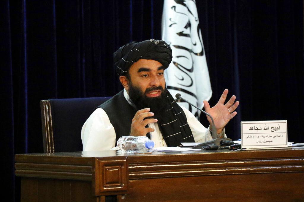 Taliban spokesman Zabihullah Mujahid speaks during a press conference in Kabul, Afghanistan Sept 7. The Taliban have announced a caretaker cabinet stacked with veterans of their harsh rule in the late 1990s and subsequent 20-year battle against the US-led coalition and its Afghan government allies. Photo: AP