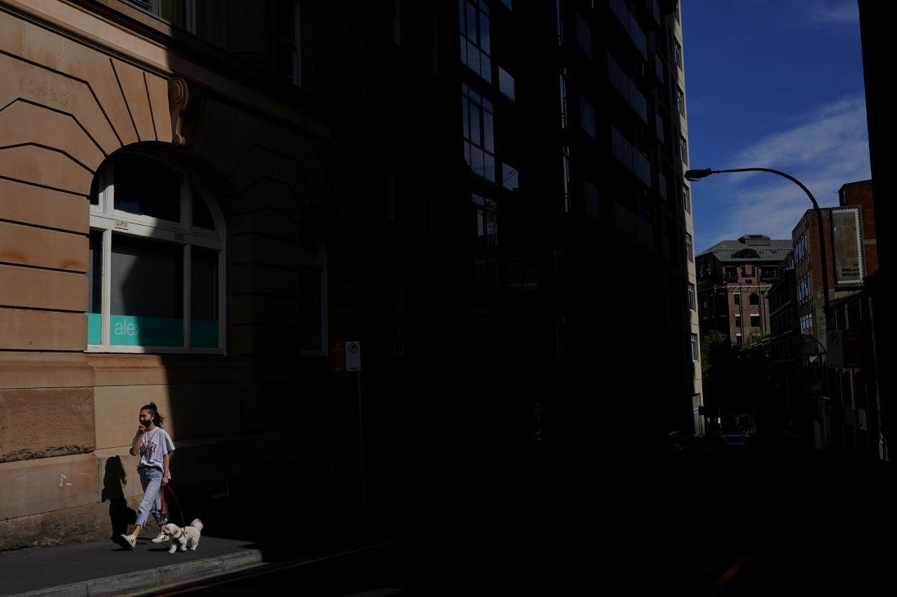 A pedestrian wearing a protective face mask walks a dog through the city centre in Sydney, Australia, Sept 9. Photo: Reuters