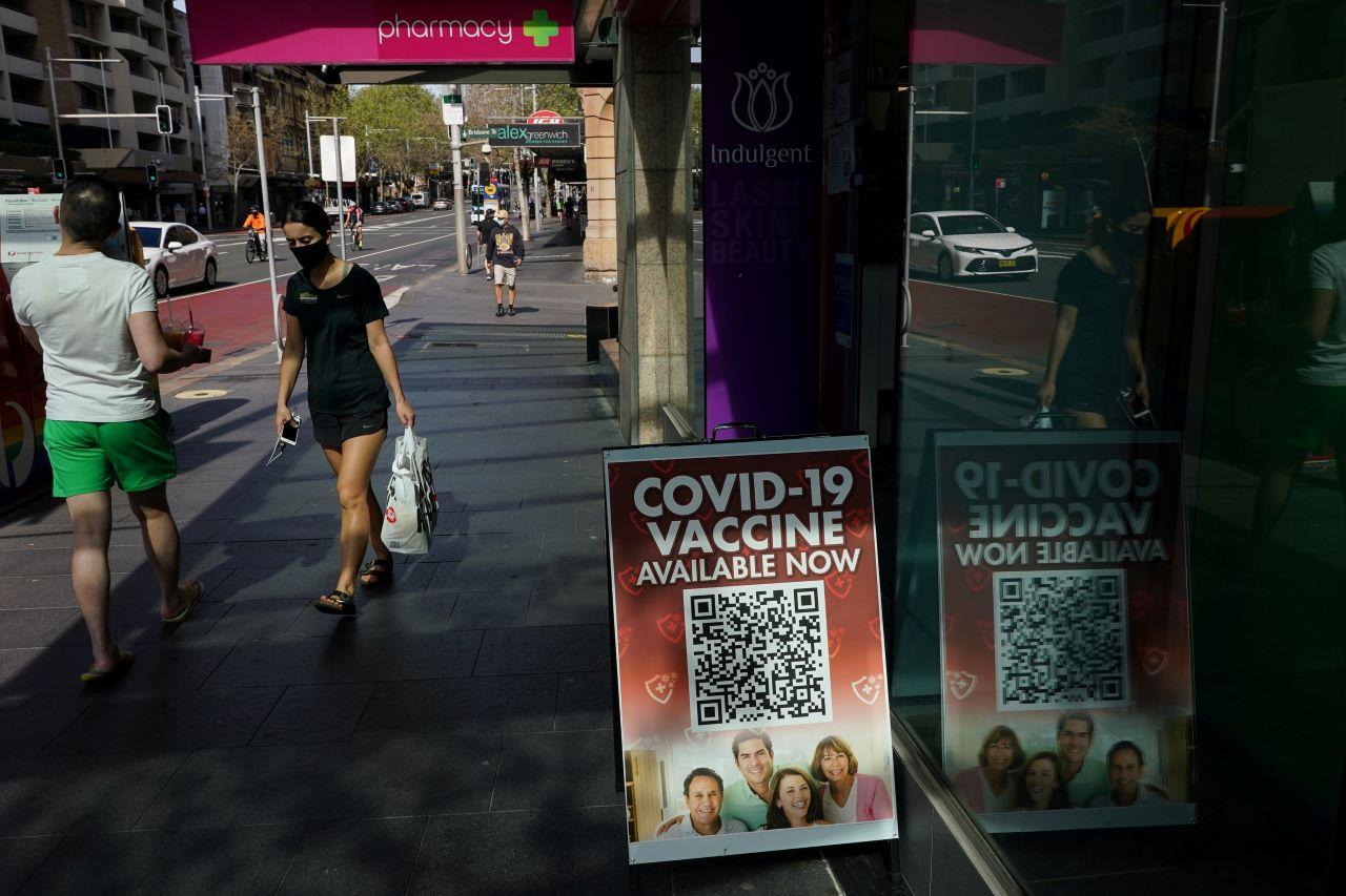 A sign advertises the availability of Covid-19 vaccine doses at a city centre pharmacy during a lockdown to curb the spread of a Covid-19 outbreak in Sydney, Australia, Sept 9. Photo: Reuters
