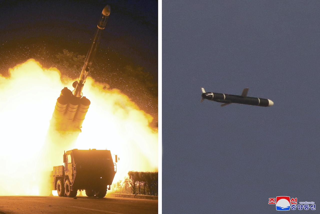 The Academy of National Defense Science conducts long-range cruise missile tests in North Korea, as pictured in this combination of undated photos supplied by North Korea's Korean Central News Agency on Sept 13. Photo: Reuters