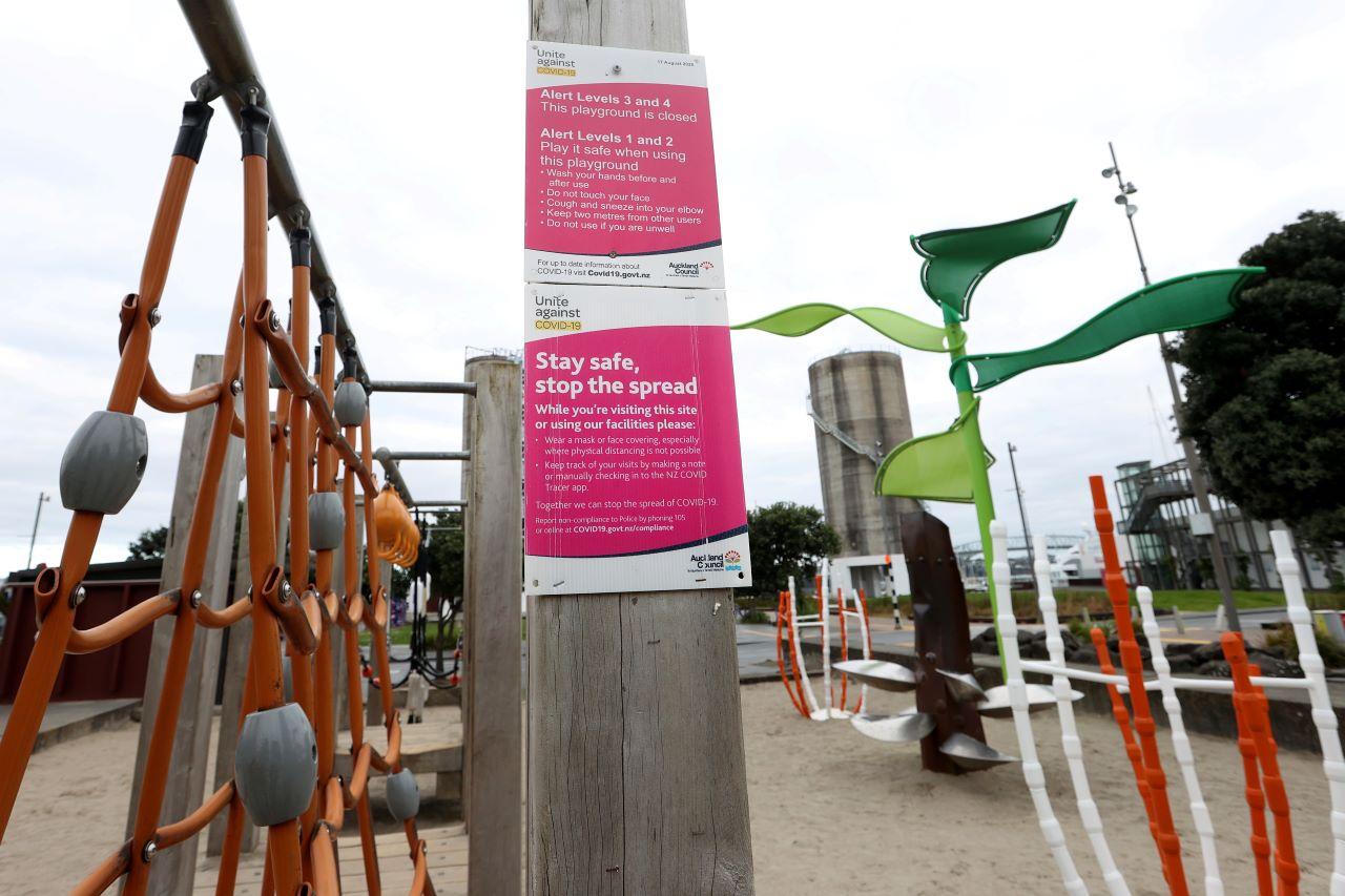 A sign signals the closure of the Silo Park playground in the Wynyard Wharf area on Auckland’s waterfront during a lockdown to curb the spread of the Covid-19 outbreak, in Auckland, New Zealand, in this Aug 26 file photo. Photo: Reuters