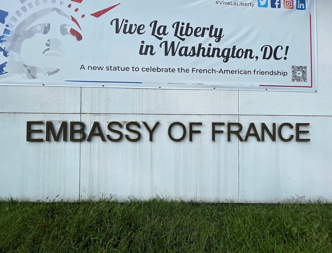 A sign outside the French embassy is seen after France decided to recall its ambassadors in the US and Australia for consultations after Australia struck a deal with the US and Britain which ended a US$40 billion French-designed submarine deal, in Washington, Sept 17. Photo: Reuters