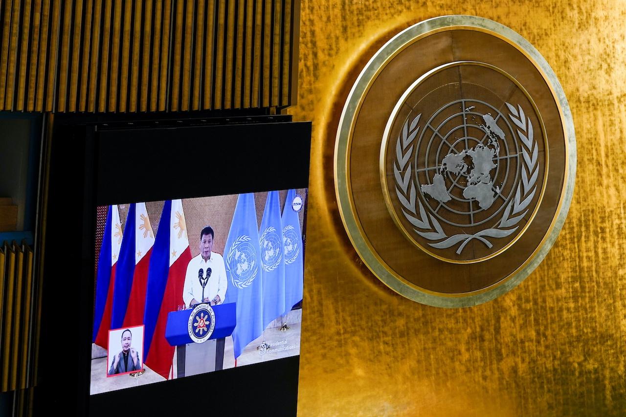 Philippines President Rodrigo Duterte speaks remotely during the 76th Session of the General Assembly at UN Headquarters in New York, Sept 21. Photo: Reuters
