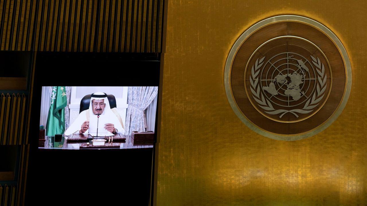 Saudi King Salman bin Abdulaziz addresses, in a prerecorded statement, the general debate of the 76th Session of the United Nations General Assembly in New York City, Sept 22. Photo: Reuters