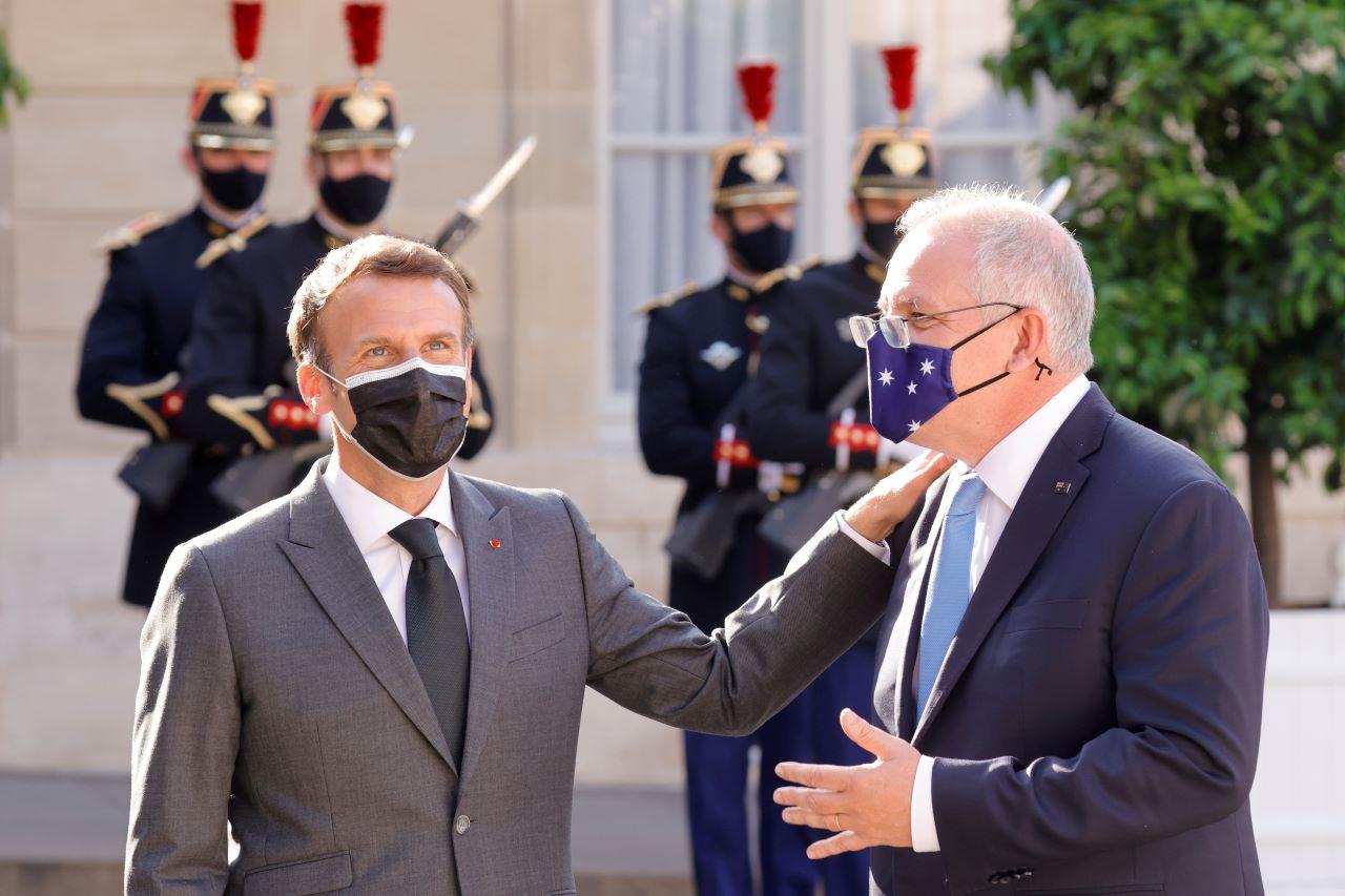 French President Emmanuel Macron welcomes Australian Prime Minister Scott Morrison in front of the Elysee Palace in Paris, France, in this file photo, dated June 15. Canberra's decision to exit the French submarine contract while forming an alliance known as Aukus with Washington and London has sparked a diplomatic quarrel. Photo: Reuters