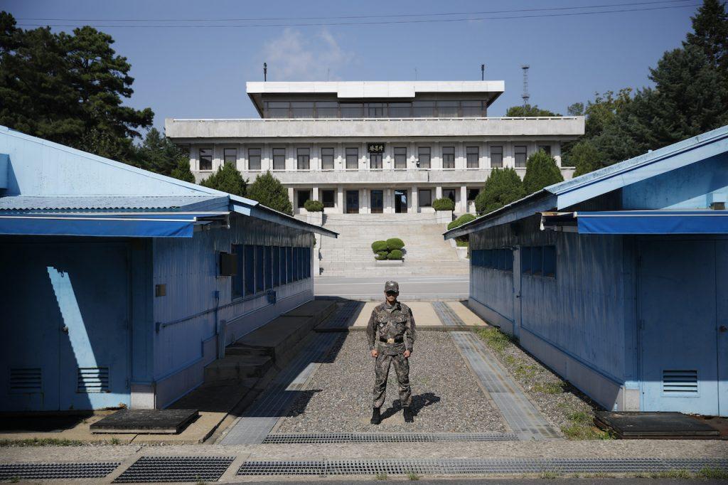A South Korean soldier stands guard at the truce village of Panmunjom inside the demilitarised zone separating the two Koreas, South Korea, Aug 28, 2019. Photo: AP