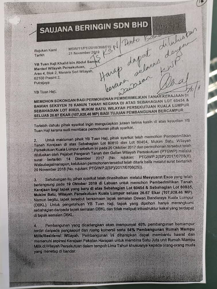 Nota pesanan Khalid Samad kepada ketua setiausaha kerajaan dan datuk bandar Kuala Lumpur pada 2019: 'Harap dapat diluluskan kerana selaras dengan wawasan KWP'.