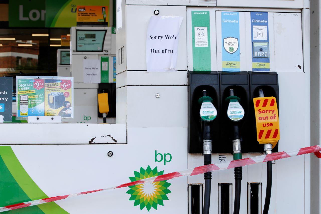 A BP petrol station that has ran out of fuel is seen in London, Britain, Sept 26. Photo: Reuters