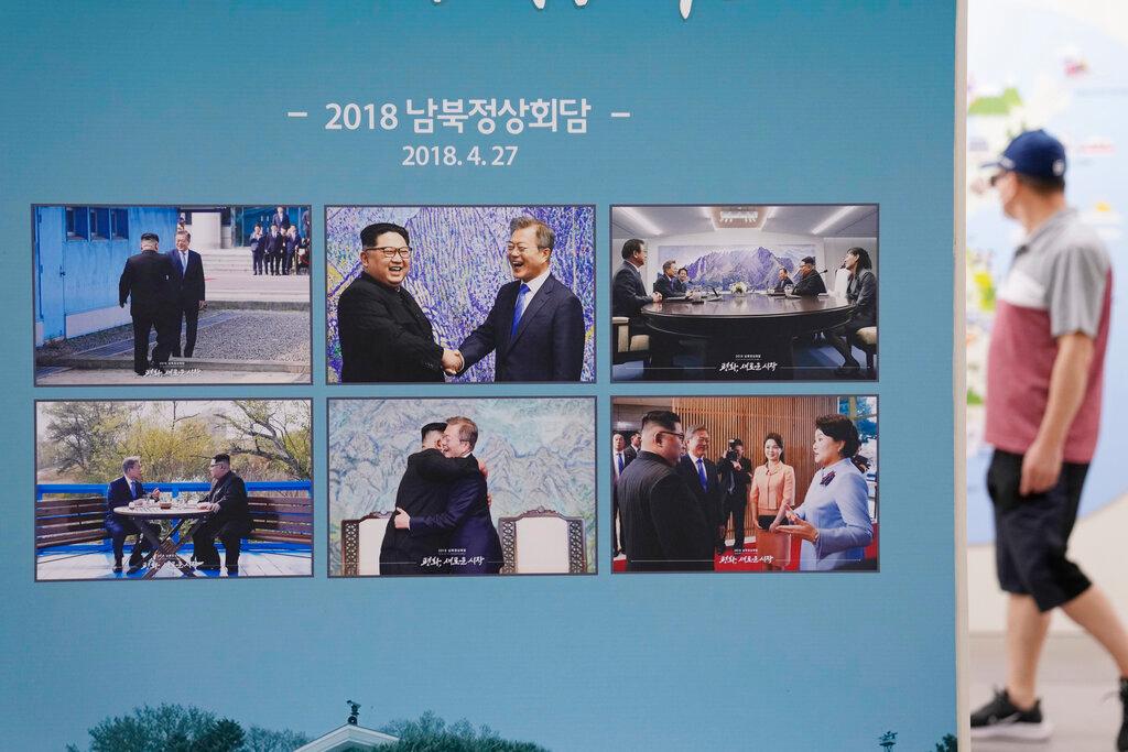 Photos from the April 27, 2018, inter-Korean summit between South Korean President Moon Jae-in and North Korean leader Kim Jong Un are displayed at the Unification Observation Post in Paju, South Korea, near the border with North Korea, Sept 26. North Korea has said it is willing to restart stalled inter-Korean talks and consider another summit if the South scraps its double standards and hostile policy toward the North. Photo: AP