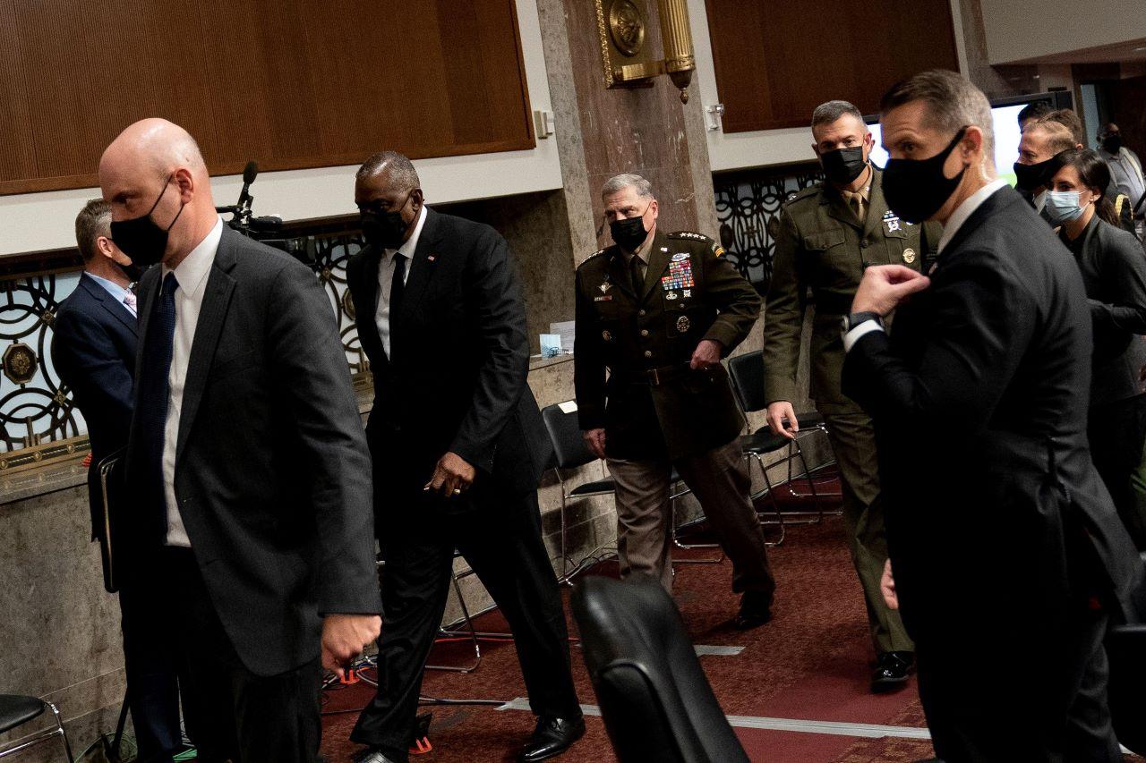 Chairman of the Joint Chiefs of Staff General Mark Milley and US Secretary of Defense Lloyd Austin depart following a Senate Armed Services Committee hearing on the conclusion of military operations in Afghanistan and plans for future counterterrorism operations, on Capitol Hill in Washington, US, Sept 28. Photo: Reuters