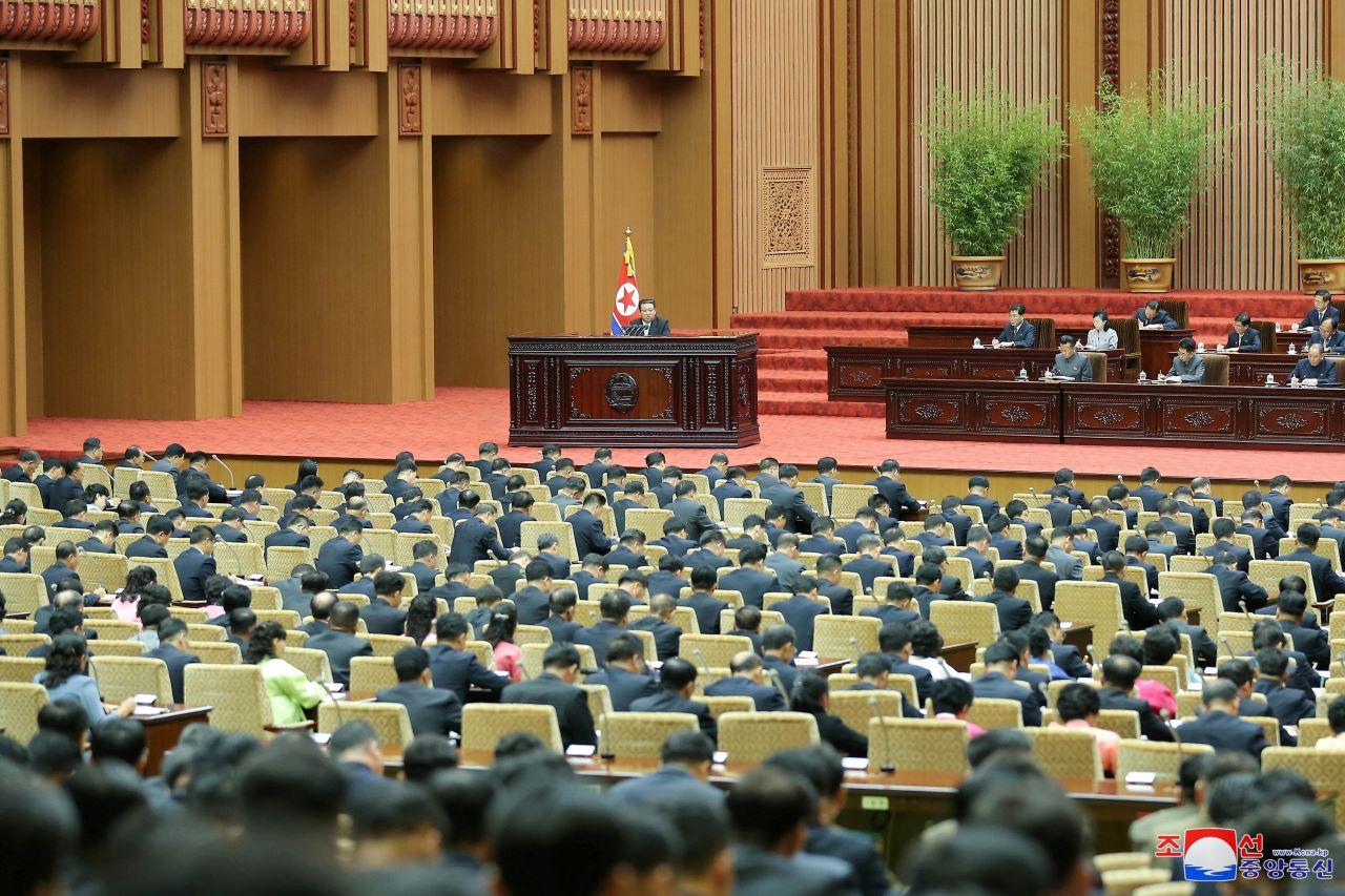 North Korean leader Kim Jong Un delivers a policy speech at the second-day sitting of the 5th Session of the 14th Supreme People's Assembly of the Democratic People's Republic of Korea at the Mansudae Assembly Hall in Pyongyang, North Korea, in this undated photo released on Sept 30. Photo: Reuters