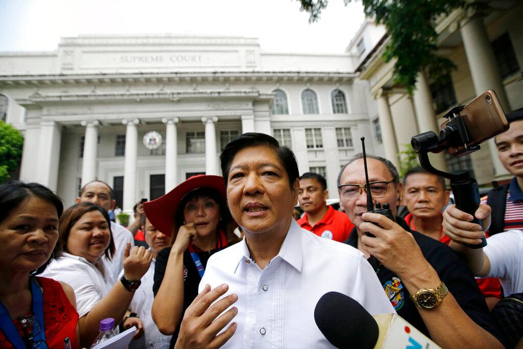 In this April 2, 2018, file photo, Ferdinand 'Bongbong' Marcos Jr talks to reporters in front of the Philippine Supreme Court in Manila, Philippines. Photo: AP