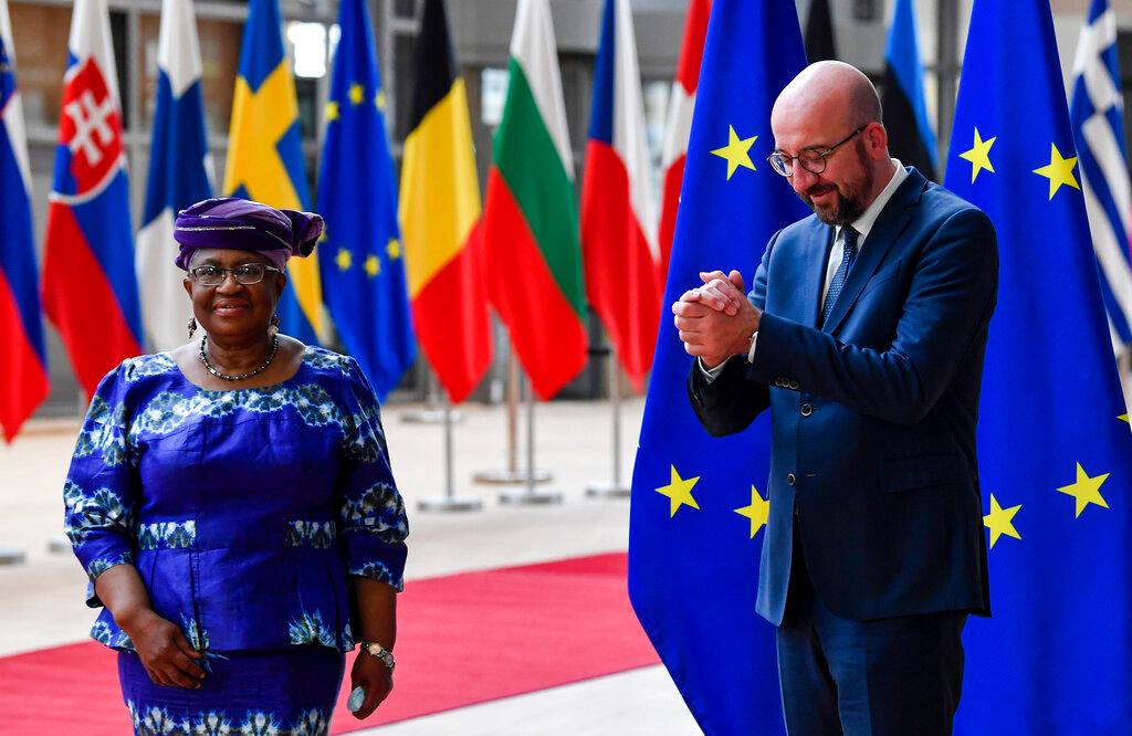 European Council president welcomes director-general of the World Trade Organization Ngozi Okonjo-Iweala at the European Council in Brussels, May 19. Ngozi Okonjo-Iweala has called on G20 members to agree on a strong response to the pandemic based on a fairer sharing of vaccines. Photo: AP