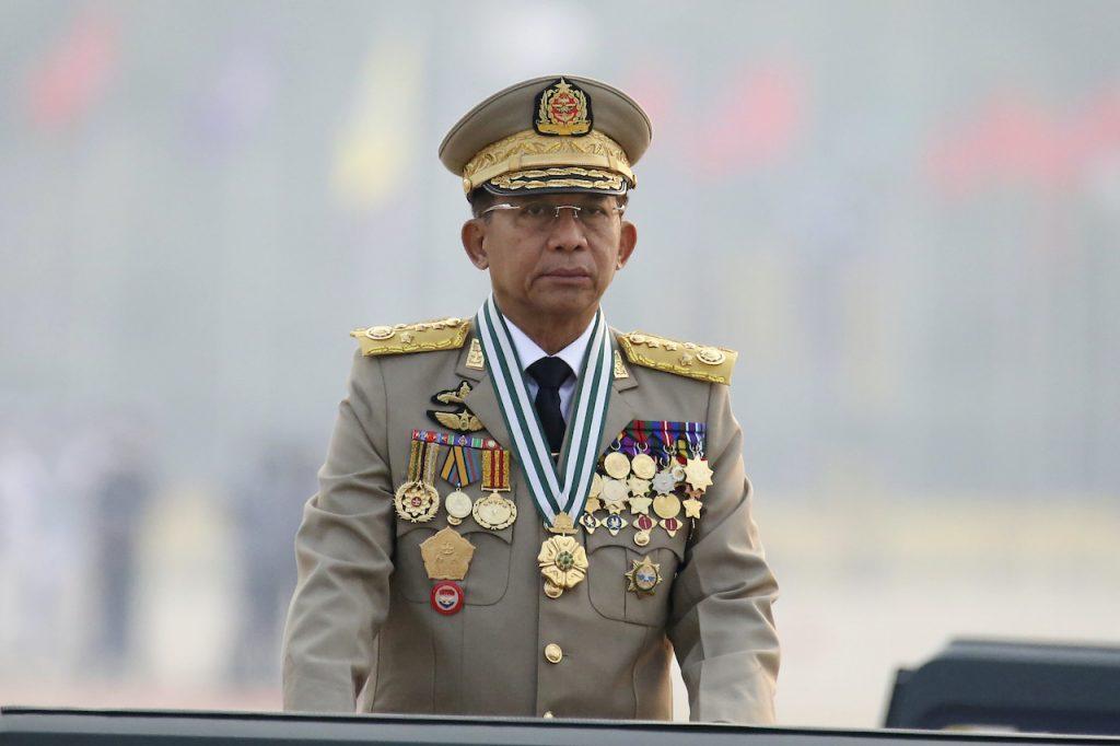 Myanmar's commander-in-chief Senior General Min Aung Hlaing presides over an army parade on Armed Forces Day in Naypyitaw, Myanmar, March 27. Photo: AP