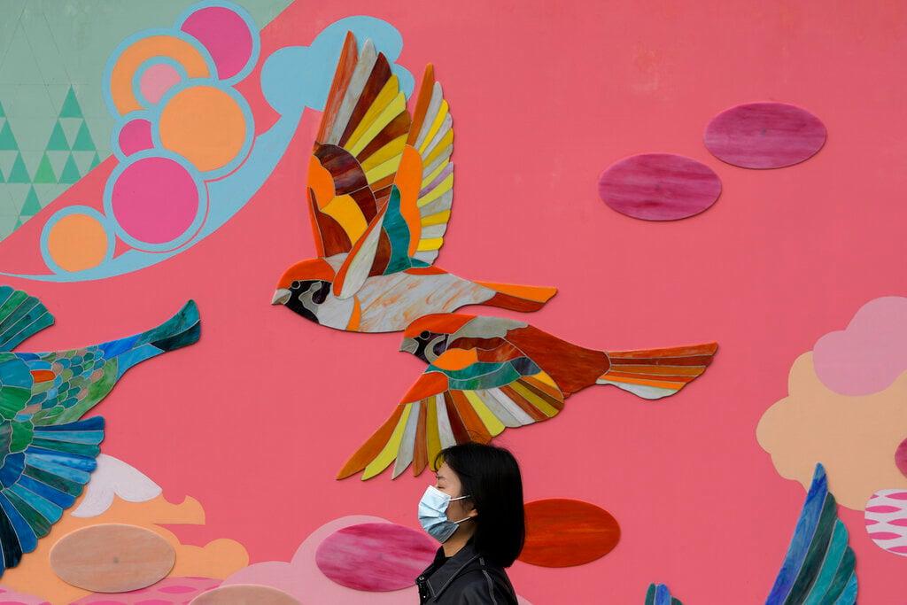 A woman wearing a face mask to help curb the spread of the coronavirus walks by a mural along a street in Beijing, Oct 24. Photo: AP