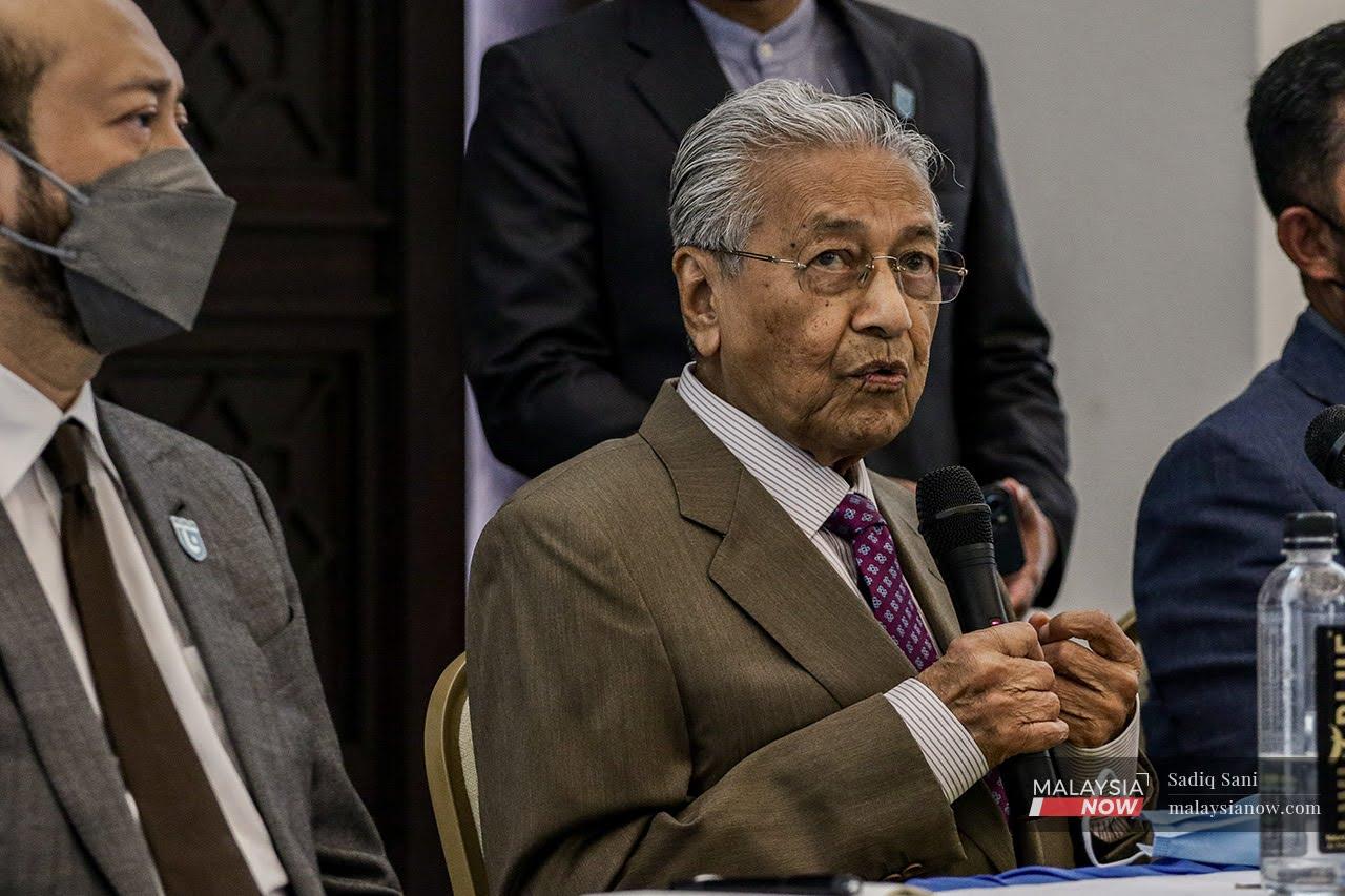 Former prime minister Dr Mahathir Mohamad speaks at a press conference in Kuala Lumpur.