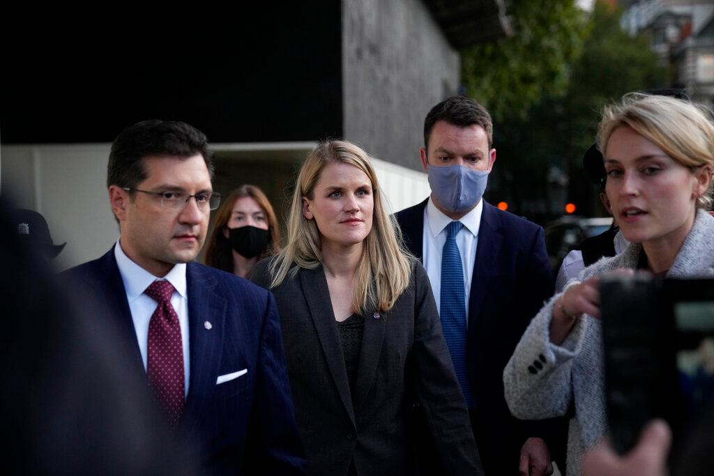 Facebook whistleblower Frances Haugen (centre) leaves after giving evidence to the joint committee for the Draft Online Safety Bill, as part of British government plans for social media regulation, at the Houses of Parliament, in London, Oct 25. Photo: AP