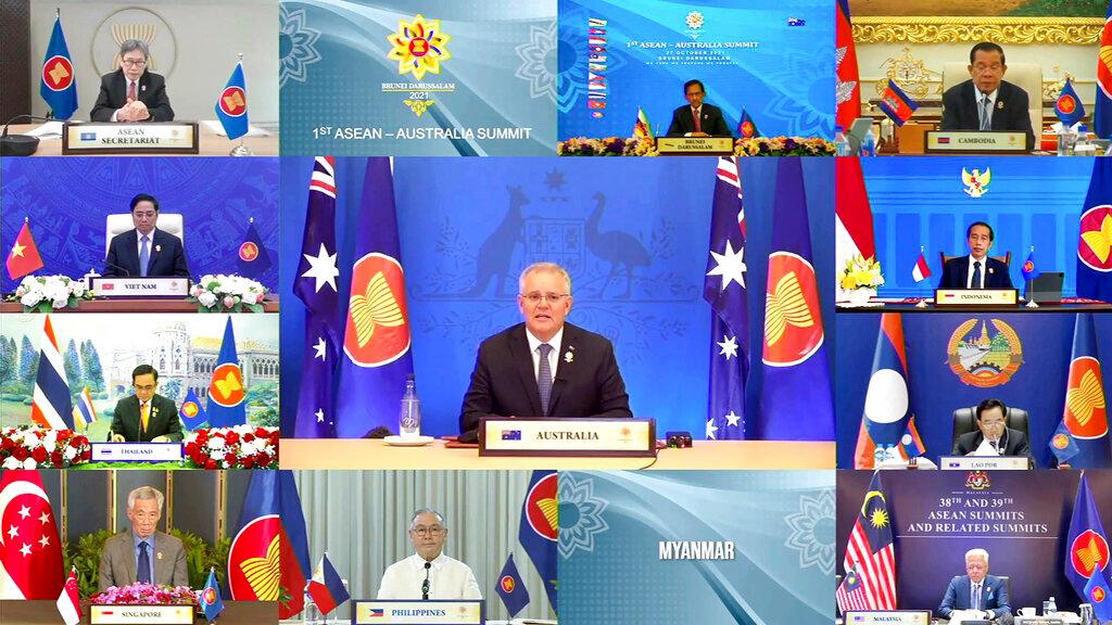 In this image released by the Brunei Asean Summit, Australia's Prime Minister Scott Morrison speaks in a virtual meeting of the Asean-Australia Summit on the sidelines of the Asean summit with the leaders, Oct 27. Photo: AP