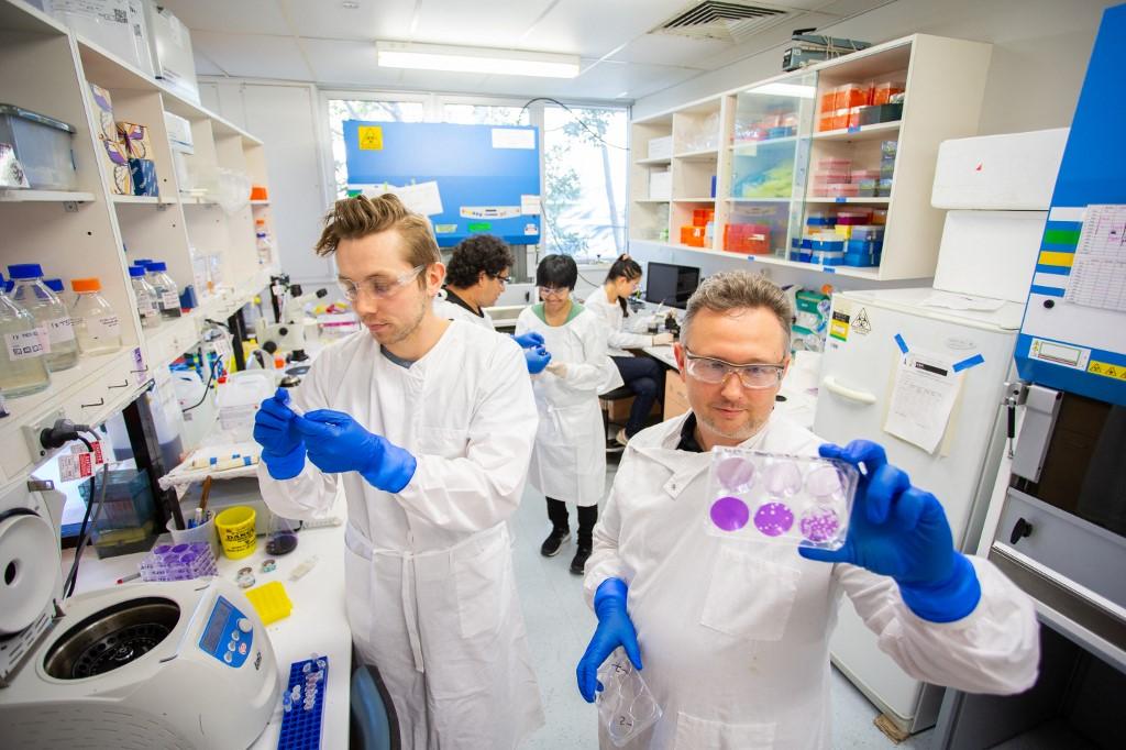 This image, courtesy of the University of Queensland and recived by AFP on Oct 29, shows David Muller (right) and members of his team working on developing a skin patch and its applicator tested to vaccinate against Covid-19. Photo: AFP