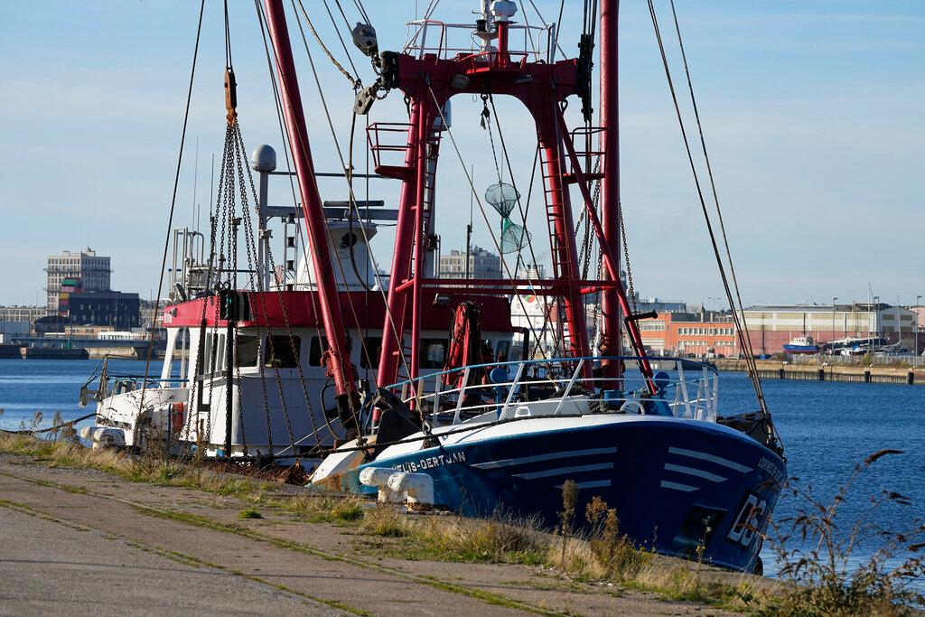 The British trawler kept by French authorities docks at the port in Le Havre, western France, Oct 28. French authorities fined two British fishing vessels and kept one in port overnight amid a worsening dispute over fishing licences that has stoked tensions following the UK's departure from the European Union. Photo: AP