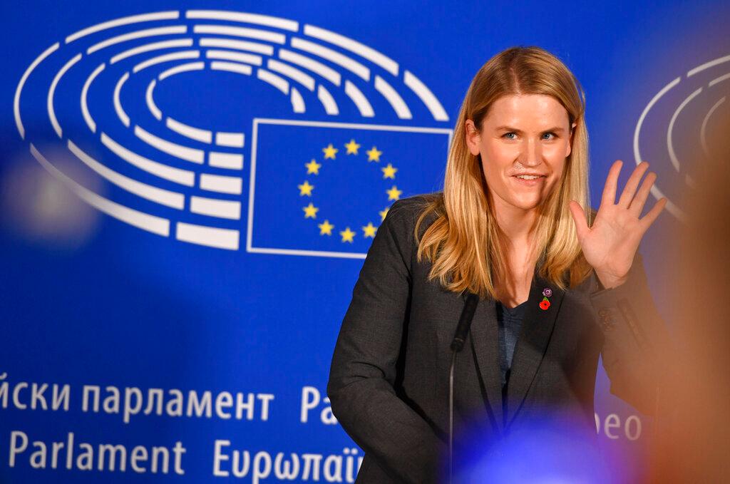 Facebook whistleblower Frances Haugen makes a press statement after speaking to MEP's at the European Parliament in Brussels, Nov 8. Photo: AP