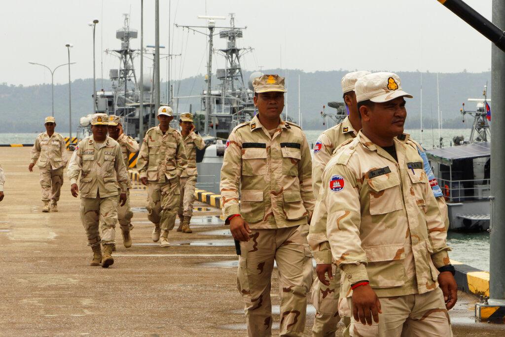 Cambodian navy troop members walk at Ream Naval Base in Sihanoukville, southwestern of Phnom Penh, Cambodia on July 26, 2019. Photo: AP