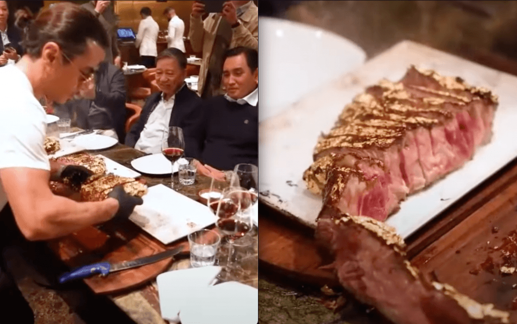 Video screenshots of Gokce feeding Vietnam's Minister of Public Security, To Lam, gold leaf encrusted steak at his London restaurant.