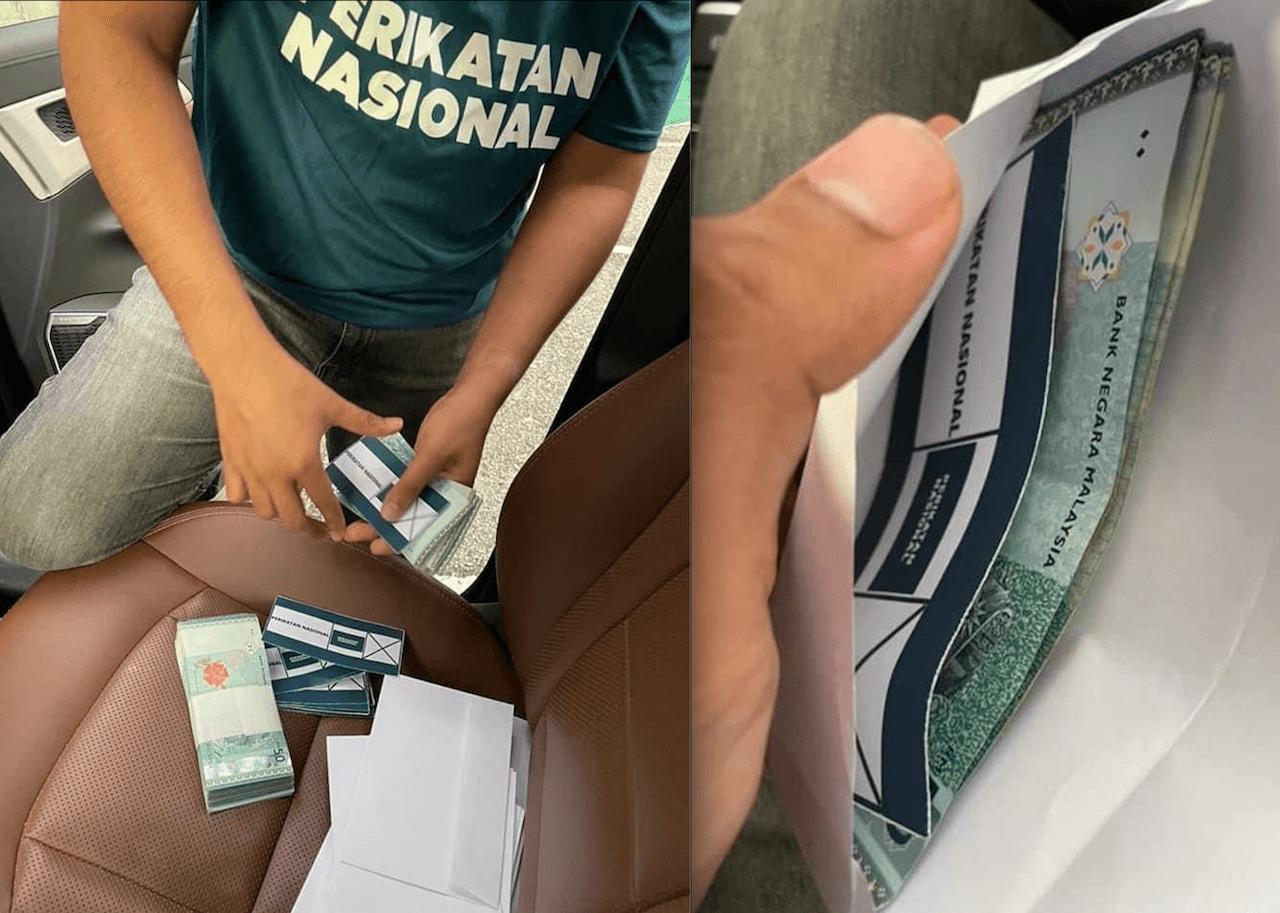 Two pictures that have been circulating on social media, showing an individual wearing a Perikatan Nasional T-shirt placing money in envelopes bearing the coalition's logo.